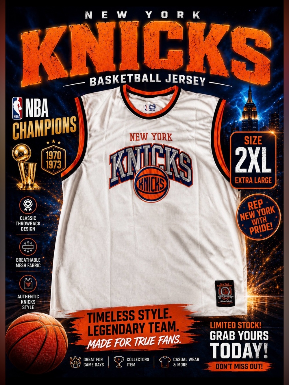 2026 NBA Champions Ultra Game New York Knicks Men’s Jersey, Size 2XL (White)